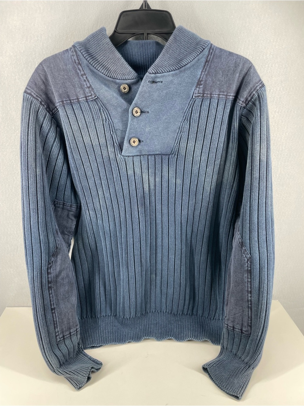 Orvis Mens Blue MockNeck Button Placket Knit Pullover Sweater Size M Heavyweight